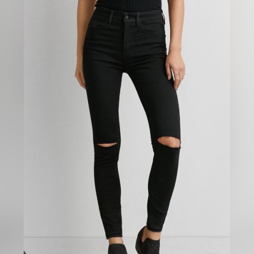 American Eagle Black Ripped Knees Hi Rise Jeggings (size 0 short)